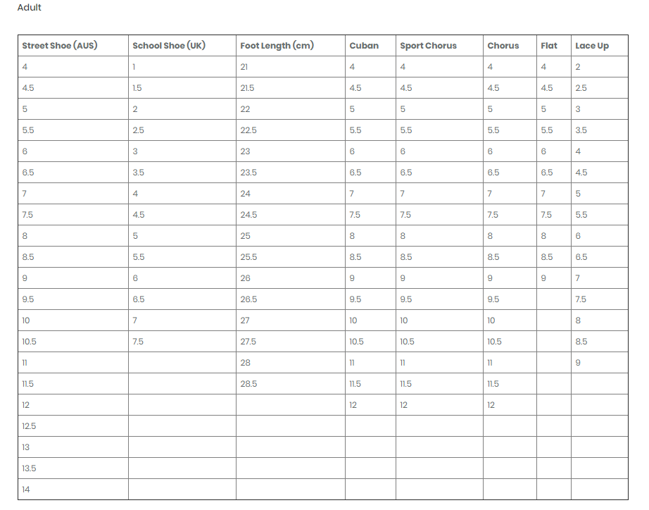 Cheer Shoe Size Chart