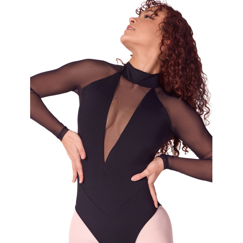 Capezio Soft Elegance Long Sleeve Mesh Leotard; Adult X- Small; Black